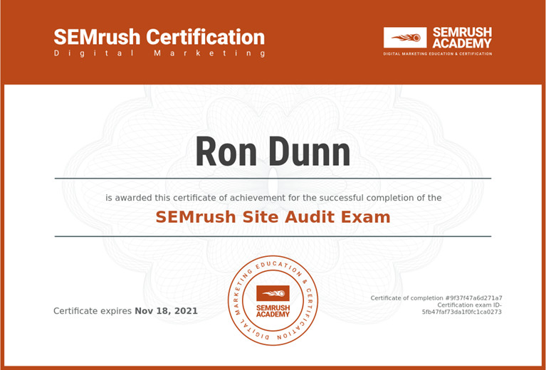 SEMrush site audit certification for Ron the Web Guy